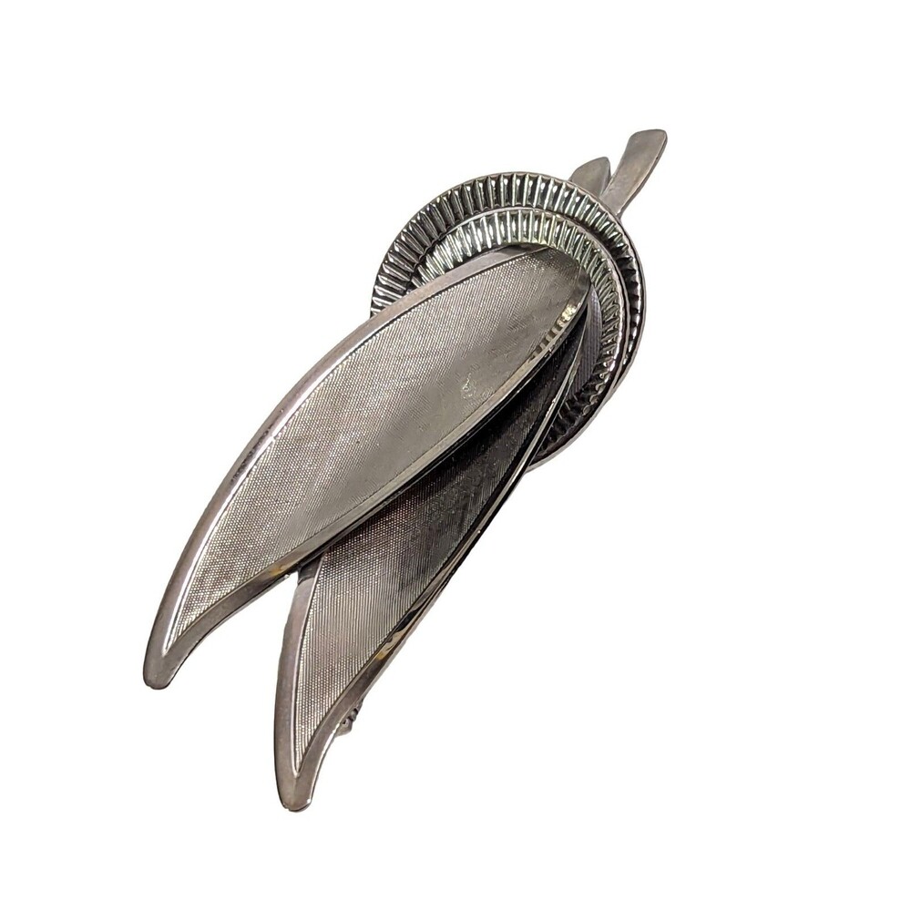 Silver Tone Tied Leaves Brooch Pin Brushed Stainless Steel Vintage 1970s Gift